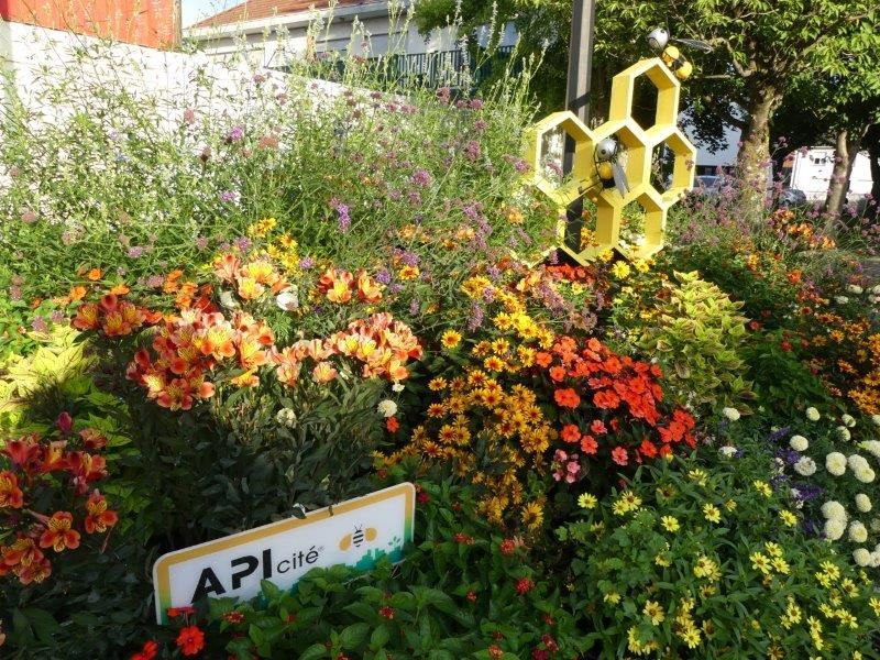 Panneau APIcité dans un parterre fleuri d'une commune labellisée
